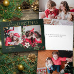 Colourful 2-Photo Merry Christmas Poinsettias Tri-Fold Holiday Card<br><div class="desc">Festive and colourful holiday design featuring a two-photo template with custom gold Merry Christmas text graphic with a spray of traditional Christmas poinsettias and holly on a green background.</div>
