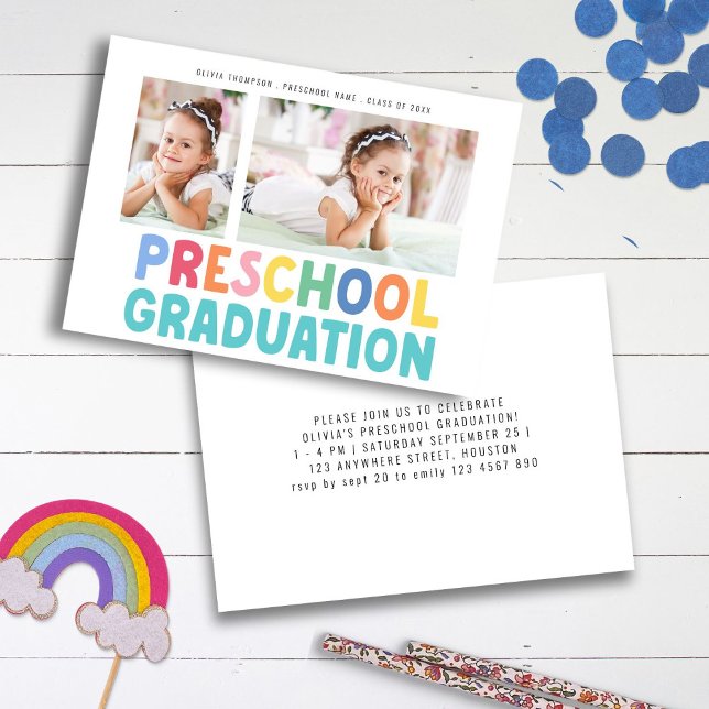 Colourful 2 Photo Preschool Graduation Party Invitation (pre-school graduation card)
