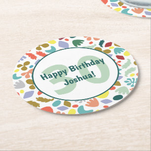 Colourful 30th Birthday Custom Name Round Paper Coaster