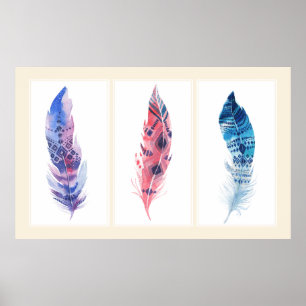 Colourful 3 Panel Boho Feathers Poster