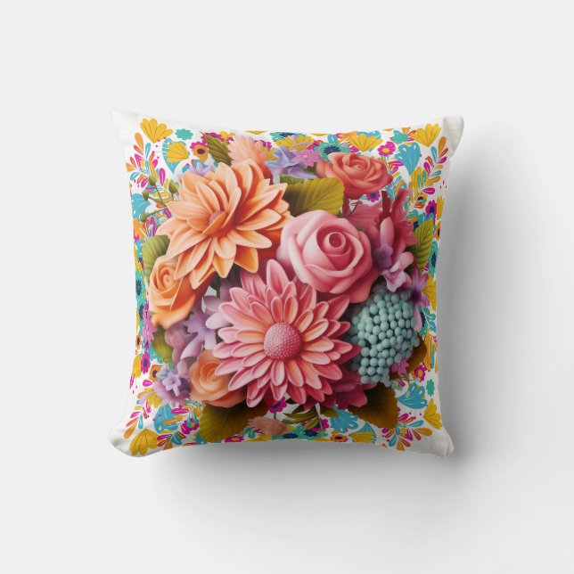 Colourful 3D flowers Pink and Orange Throw Pillow (Front)
