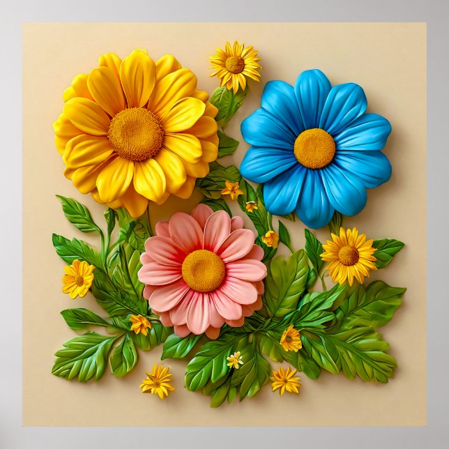 Colourful 3d flowers poster (Front)
