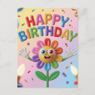 Colourful 3D Happy Birthday Greeting with Flower Holiday Postcard