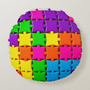 Colourful 3d Puzzle Pieces Arranged Round Pillow