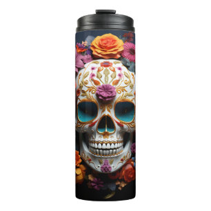 Colourful 3D Sugar Skull and Flowers Thermal Tumbler