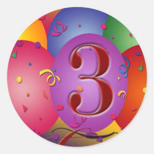 Colourful 3rd birthday balloon classic round sticker