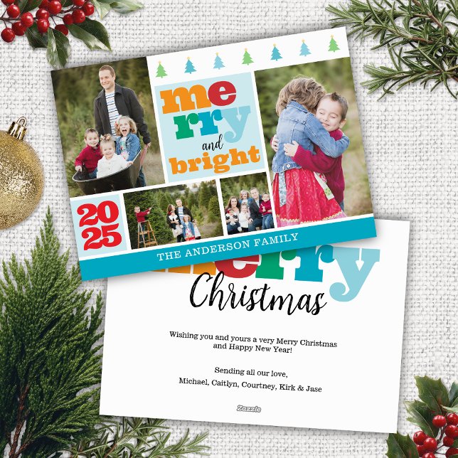 Colourful 4 Photo Collage Merry and Bright Holiday Card (fun and colorful merry and bright christmas card with collage design includes 4 photos name year )