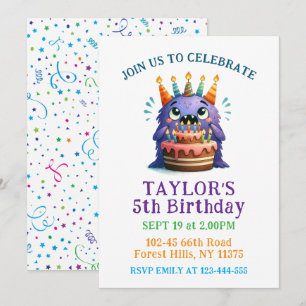 Colourful 5th Birthday Monster Party Invitation 