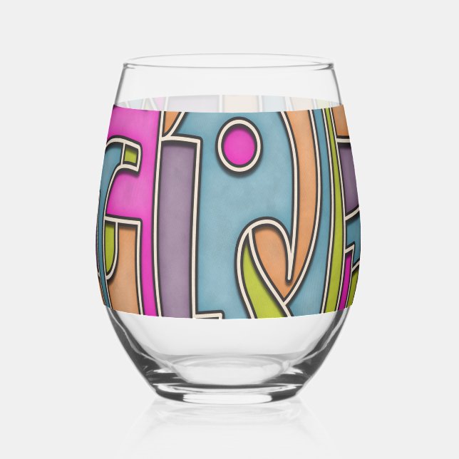 Colourful 60s Mod Geometric Abstract Stemless Wine Glass (Back)