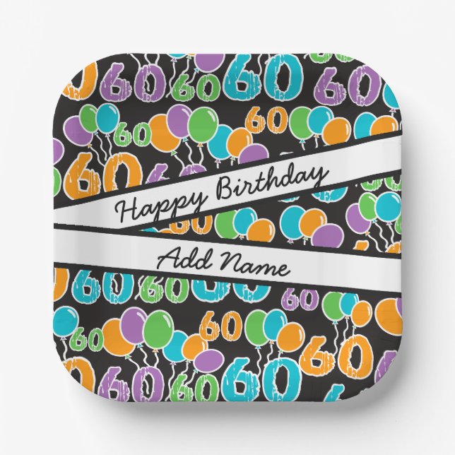 Colourful 60th Birthday Personalized Name Paper Plate (Front)