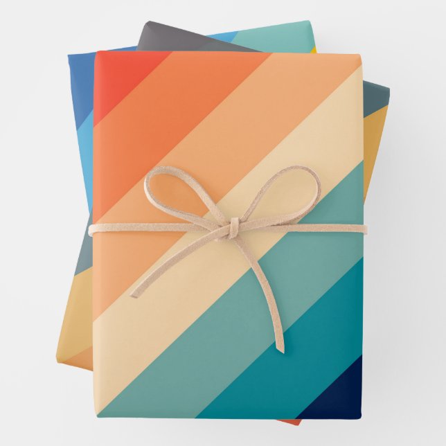 Colourful 70s 80s Retro Striped Stripes Wrapping Paper Sheet (In situ)