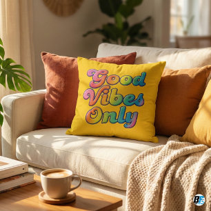Colourful 70s Good Vibes Only Quote Yellow Aesthet Throw Pillow