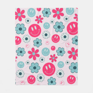 Colourful 70s Groovy Flower Smile Face Pattern Fleece Blanket