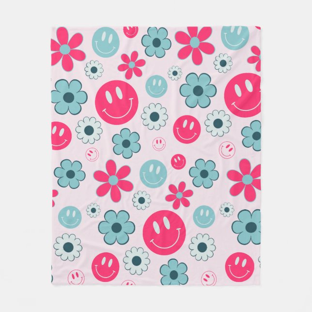 Colourful 70s Groovy Flower Smile Face Pattern Fleece Blanket (Front)