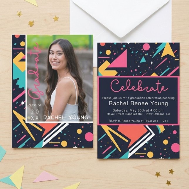 Colourful 80s Retro Bright Graduation Announcement (Creator Uploaded)