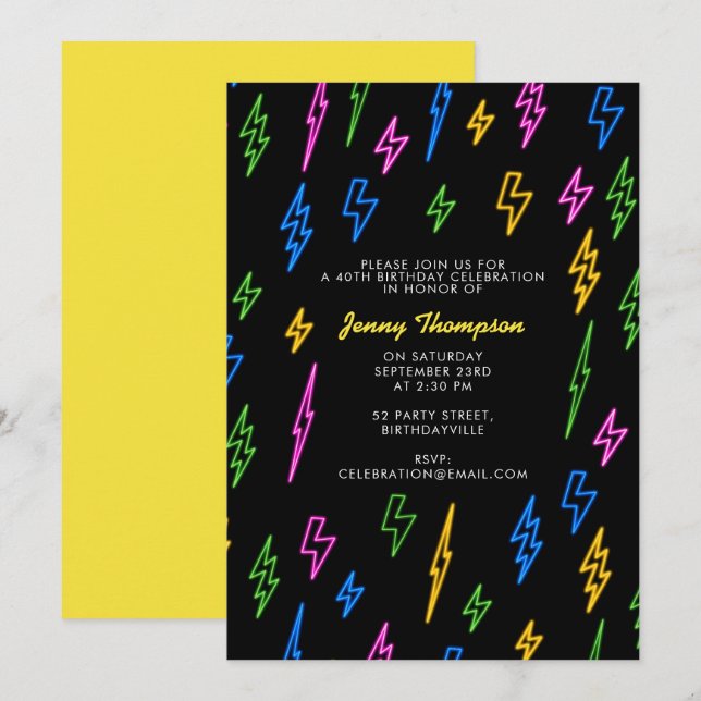 Colourful 80's Retro Neon Lightning Birthday Invitation (Front/Back)
