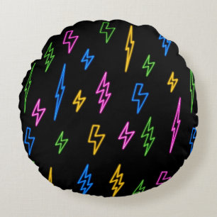 Colourful 80's Retro Neon Lightning Pattern  Round Pillow