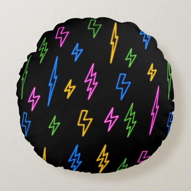 Colourful 80's Retro Neon Lightning Pattern  Round Pillow (Front)
