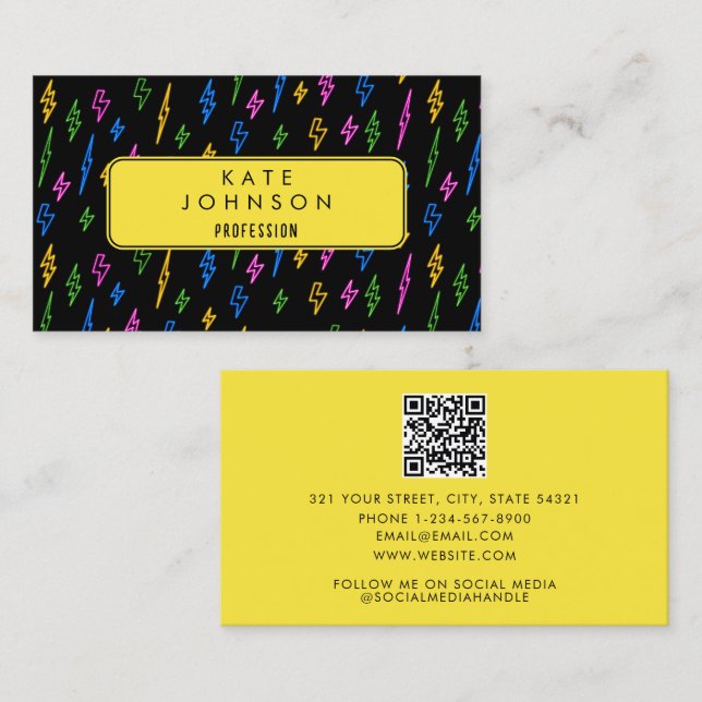 Colourful 80's Retro Neon Lightning QR Code Business Card (Front/Back)