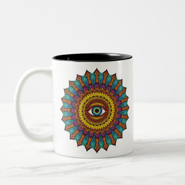 Colourful 90s Mandala Third Eye Psychedelic Graphi Two-Tone Coffee Mug (Left)