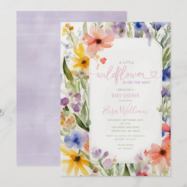 Colourful A Little Wildflower Baby Shower Greenery Invitation (Front/Back)