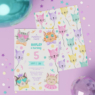 Colourful A Purrfect Party Cute Kitty Cat Birthday Invitation