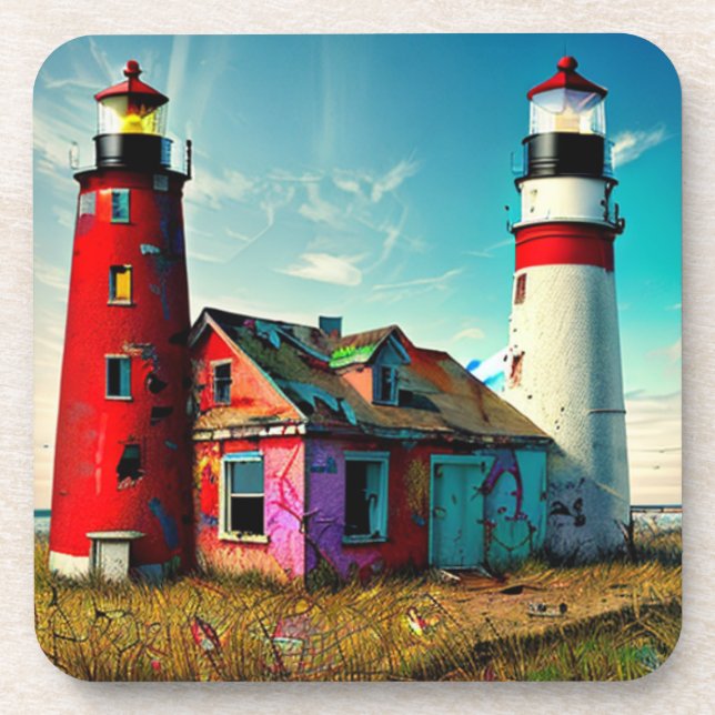 Colourful Abandoned Lighthouses on a Beach Coaster (Front)