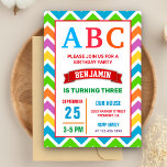 Colourful ABC Kids Alphabet Birthday Party Invitation<br><div class="desc">Amaze your guests with this cute alphabet theme birthday party invitation featuring vibrant typography against a chevron pattern border. Simply add your event details on this easy-to-use template to make it a one-of-a-kind invitation.</div>