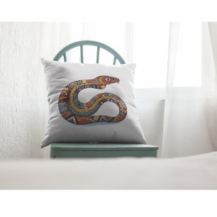 Colourful aboriginal style painting of a snake throw pillow