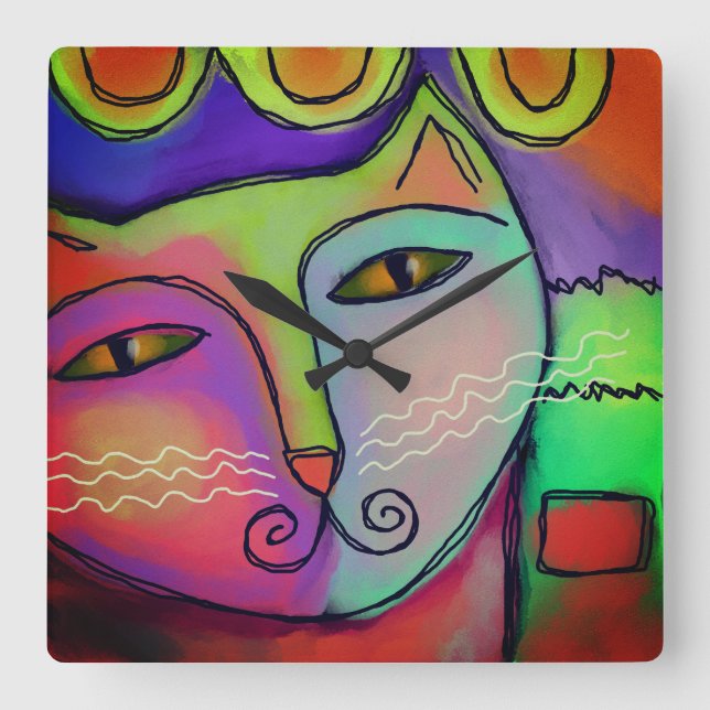 Colourful Abstract Art Cat Painting Square Wall Clock (Front)