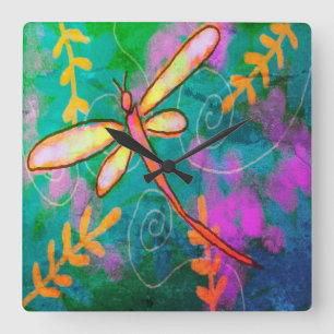 Colourful Abstract Art Dragonfly Square Wall Clock