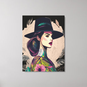 Colourful Abstract Art Floral Girl With Big Hat  Canvas Print