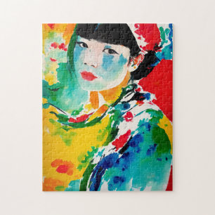 Colourful Abstract Art Japanese Woman Jigsaw Puzzle