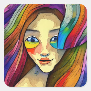 Colourful Abstract Art Pretty Girl Square Sticker