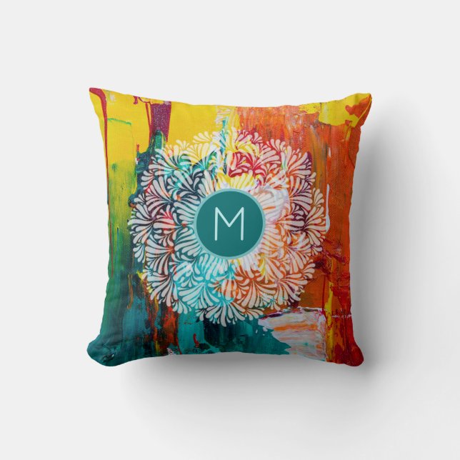 Colourful Abstract Art with Mandala and Monogram Throw Pillow (Front)