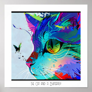 Colourful abstract artistic cat and butterfly  poster