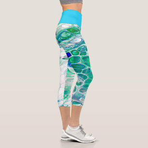 Colourful Abstract Artsy Blue Green White Cute Leg Capri Leggings