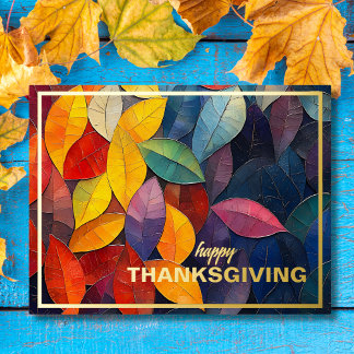 Colourful Abstract Autumn Leaves Thanksgiving Foil Holiday Postcard
