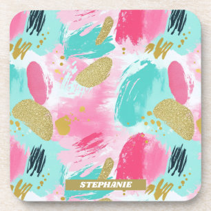 Colourful Abstract Brushstrokes - Mint & Pink (1) Coaster