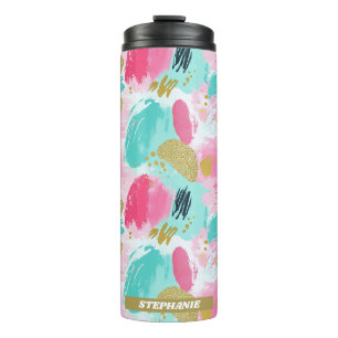 Colourful Abstract Brushstrokes - Mint & Pink (1) Thermal Tumbler