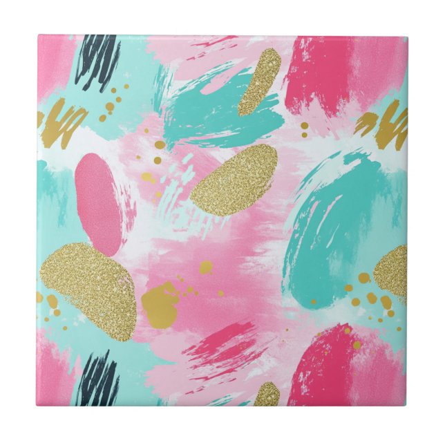 Colourful Abstract Brushstrokes - Mint & Pink (1) Tile (Front)