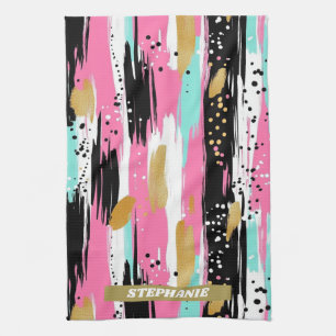 Colourful Abstract Brushstrokes - Mint & Pink (2) Kitchen Towel