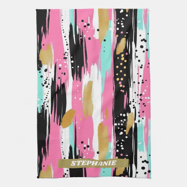 Colourful Abstract Brushstrokes - Mint & Pink (2) Kitchen Towel (Vertical)