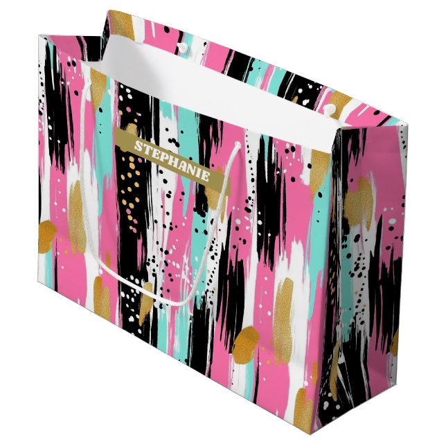 Colourful Abstract Brushstrokes - Mint & Pink (2) Large Gift Bag (Front Angled)
