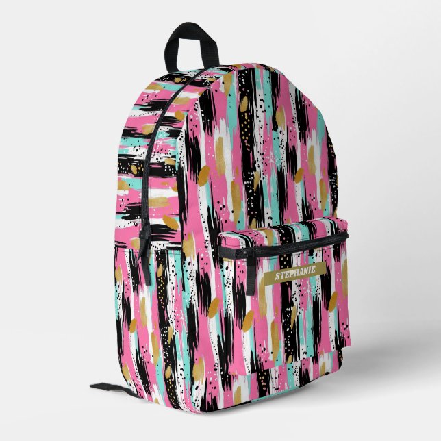 Colourful Abstract Brushstrokes - Mint & Pink (2) Printed Backpack (Back Corner Left)