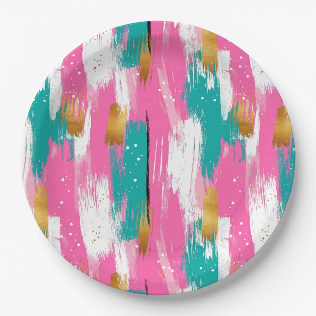 Colourful Abstract Brushstrokes - Mint & Pink (3) Paper Plate (Front)