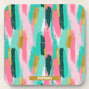 Colourful Abstract Brushstrokes - Mint & Pink (4) Coaster