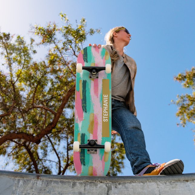 Colourful Abstract Brushstrokes - Mint & Pink (4) Skateboard (Outdoor 1)