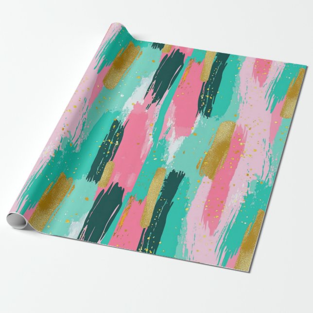 Colourful Abstract Brushstrokes - Mint & Pink (4) Wrapping Paper (Unrolled)