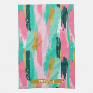 Colourful Abstract Brushstrokes - Mint & Pink Kitchen Towel